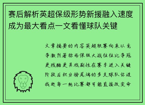 赛后解析英超保级形势新援融入速度成为最大看点一文看懂球队关键