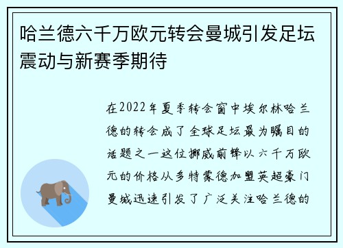 哈兰德六千万欧元转会曼城引发足坛震动与新赛季期待