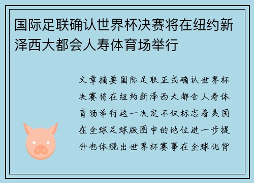 国际足联确认世界杯决赛将在纽约新泽西大都会人寿体育场举行